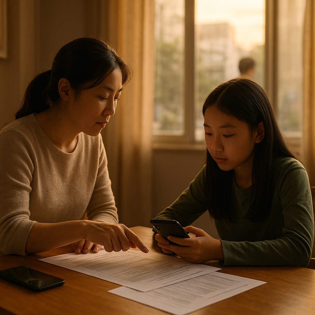 parent and student reviewing paperwork at home