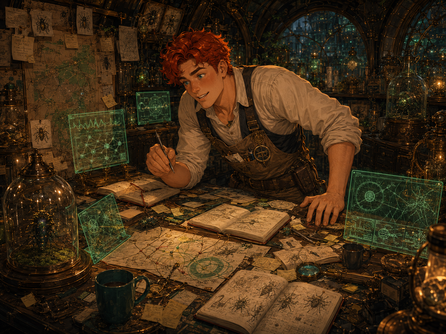 August working among pattern notes, glowing screens, journals, and bug sketches
