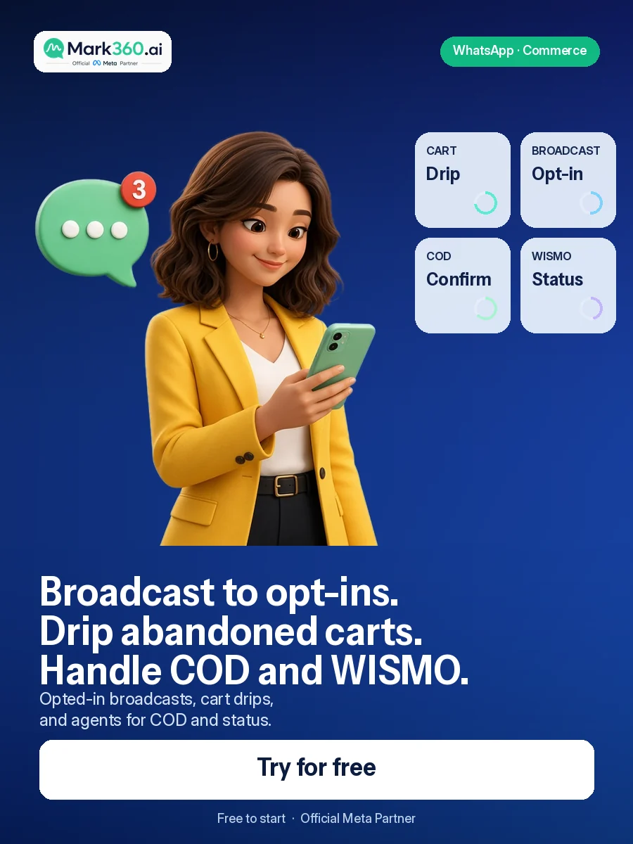 WhatsApp Business API for Ecommerce: Broadcast, Abandoned Cart Drip & AI Chatbots — Try Mark360 free