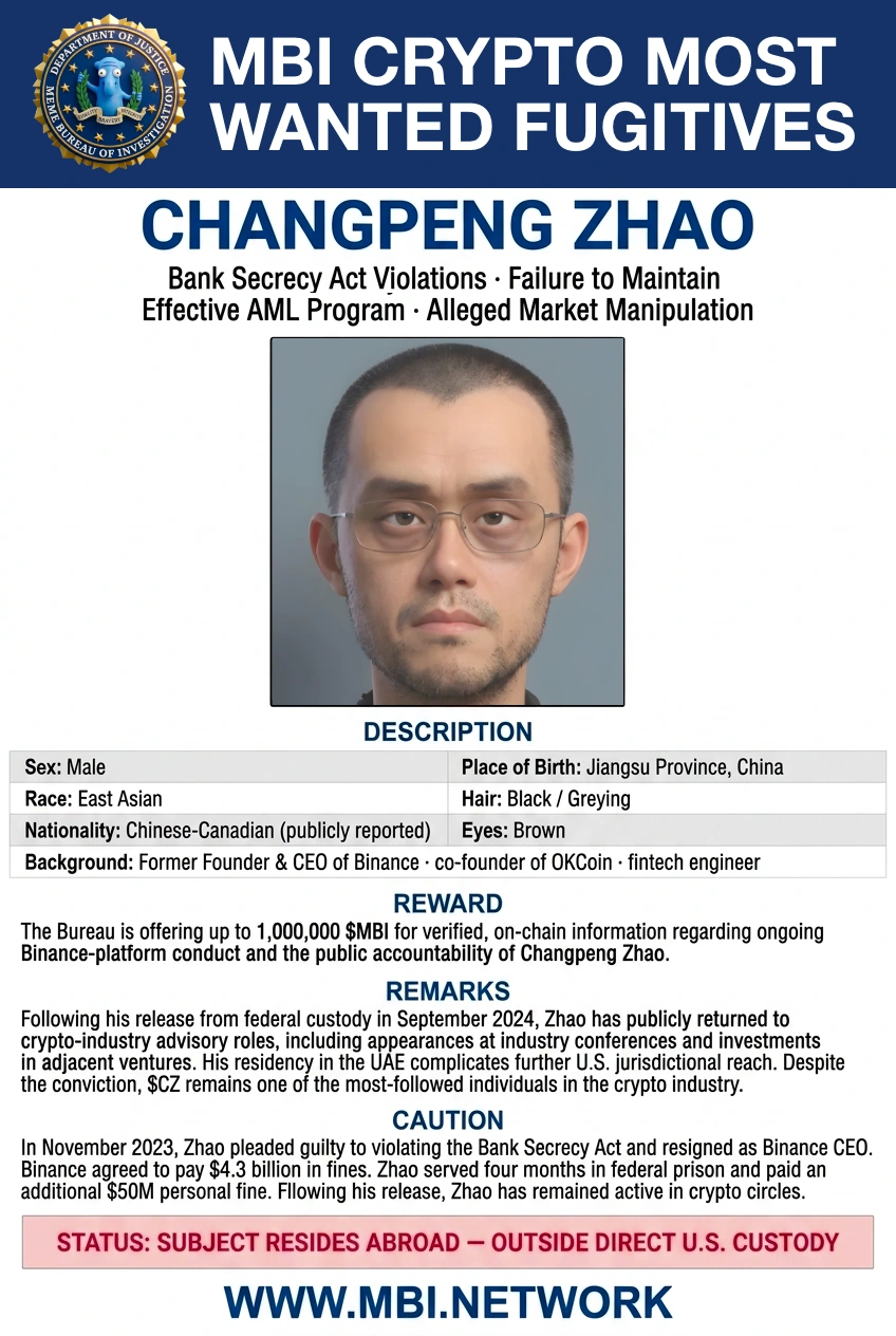 Changpeng Zhao Wanted Poster