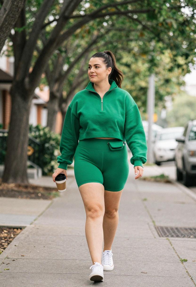 Plus size woman in emerald green bike shorts and matching zip-up during a coffee run