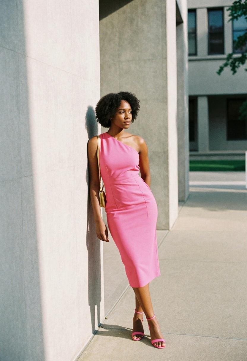 Fuchsia asymmetric midi dress against minimalist concrete architecture for graduation