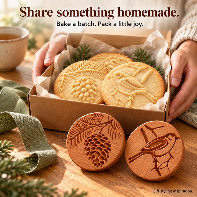 Gift box of decorative stamped homemade cookies and wooden stamps