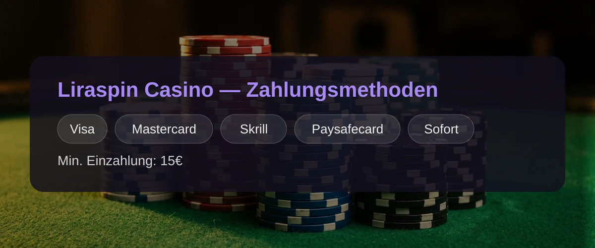 Liraspin Casino — Zahlungsmethoden: Visa, Mastercard, Skrill, Paysafecard, Sofort