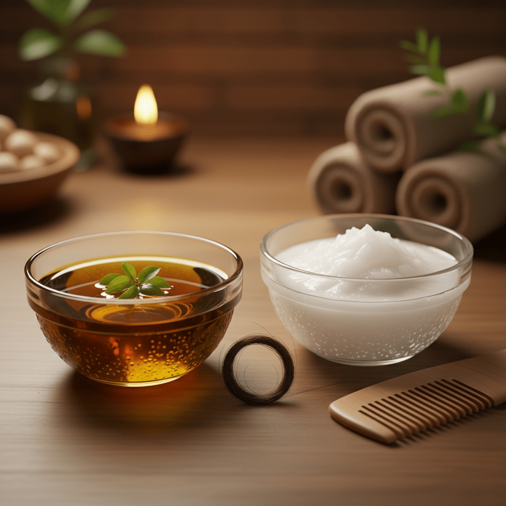 Amla oil and coconut oil comparison with healthy hair strand