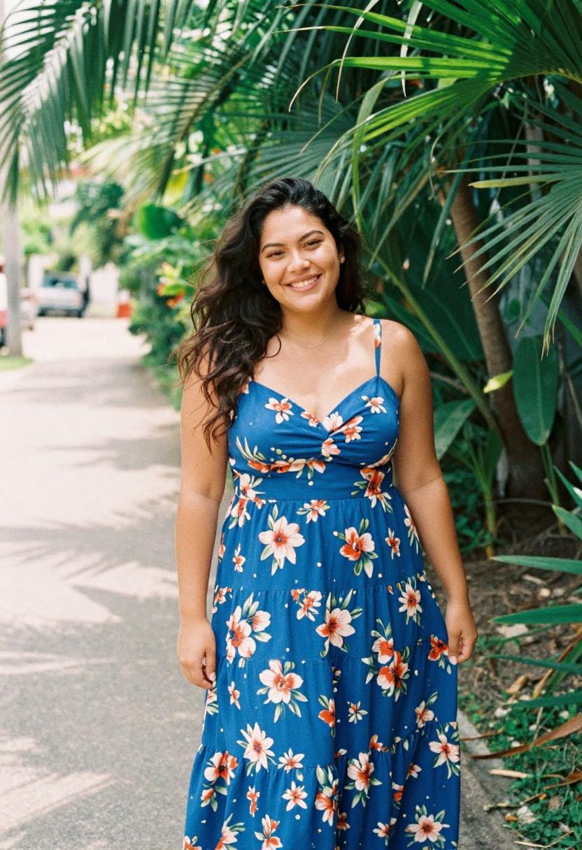 Cobalt blue floral maxi dress against a lush tropical backdrop for resort fall style