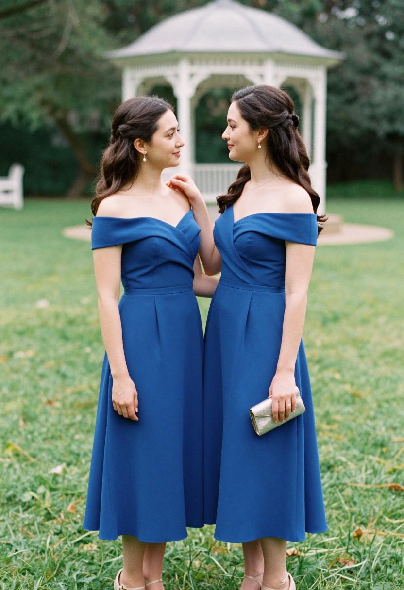 Cobalt blue off-shoulder midi dress capturing romance of a wedding day in a sun-drenched formal garden