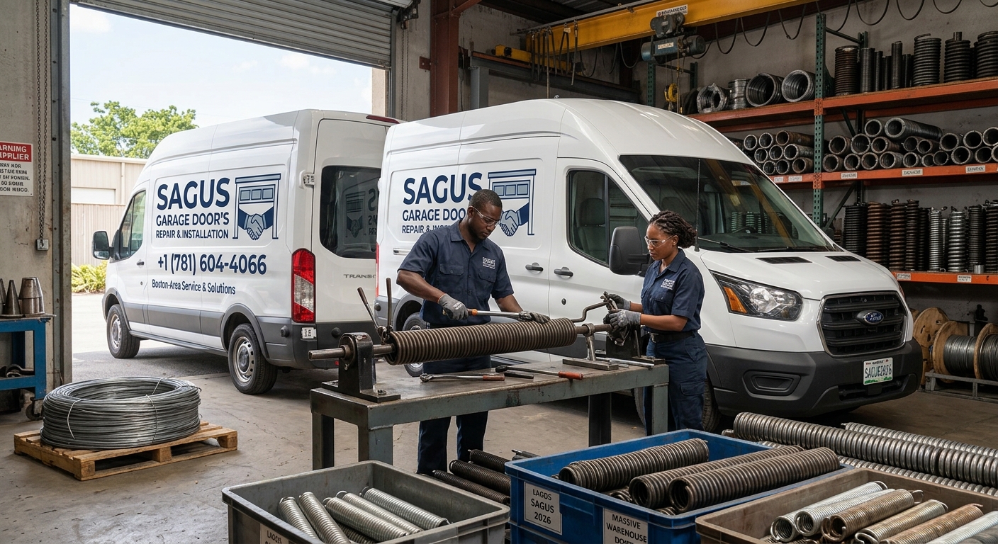 Technician replacing torsion spring
