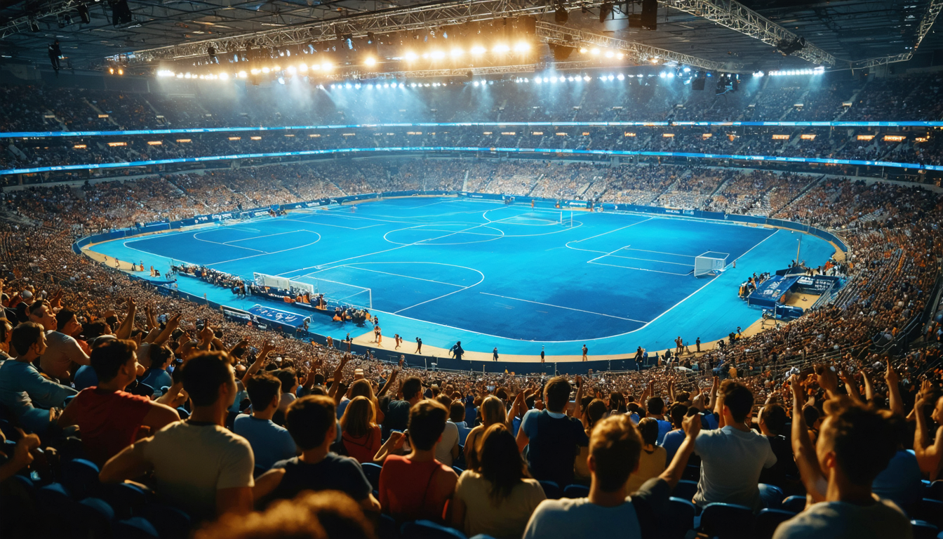 Interior of a crowded sports stadium during a wave, with a visible gap of three or four seated spectators amid a flowing arc of standing bodies.