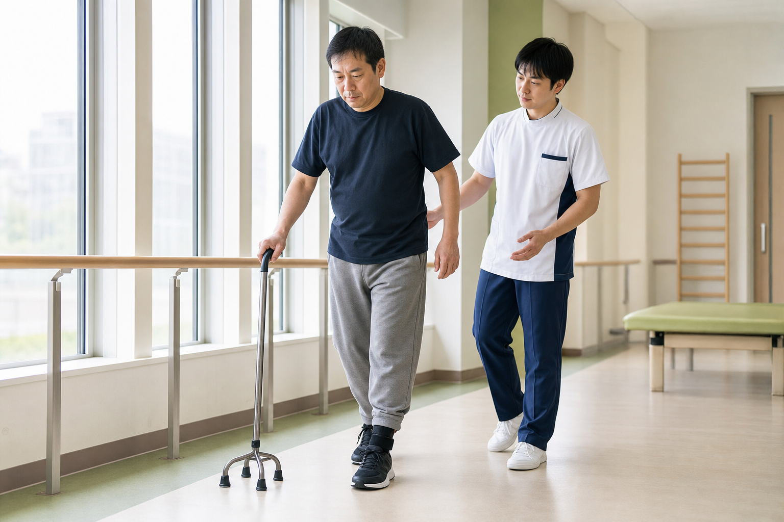 多点杖を使った歩行を理学療法士と確認する脳卒中後の方