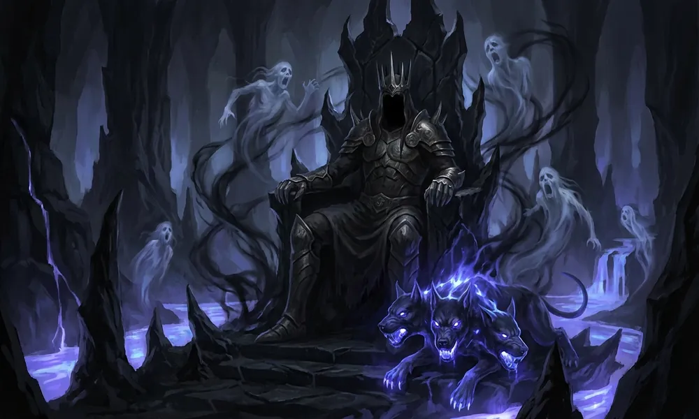 Hades sentado no trono do submundo rodeado de sombras