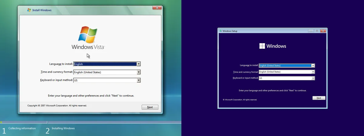 Windows Vista setup vs Windows 11 setup