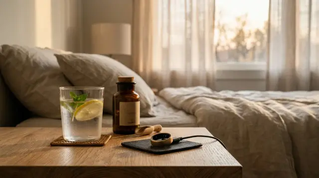 Sleep tracker and water glass on sunlit nightstand, calm morning wellness atmosphere