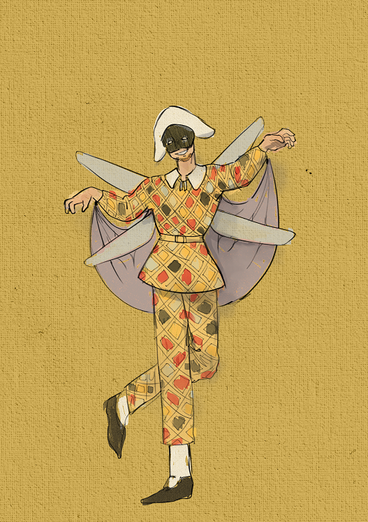 A pixie fairy, with harlequin clothes and dragonfly wings.
