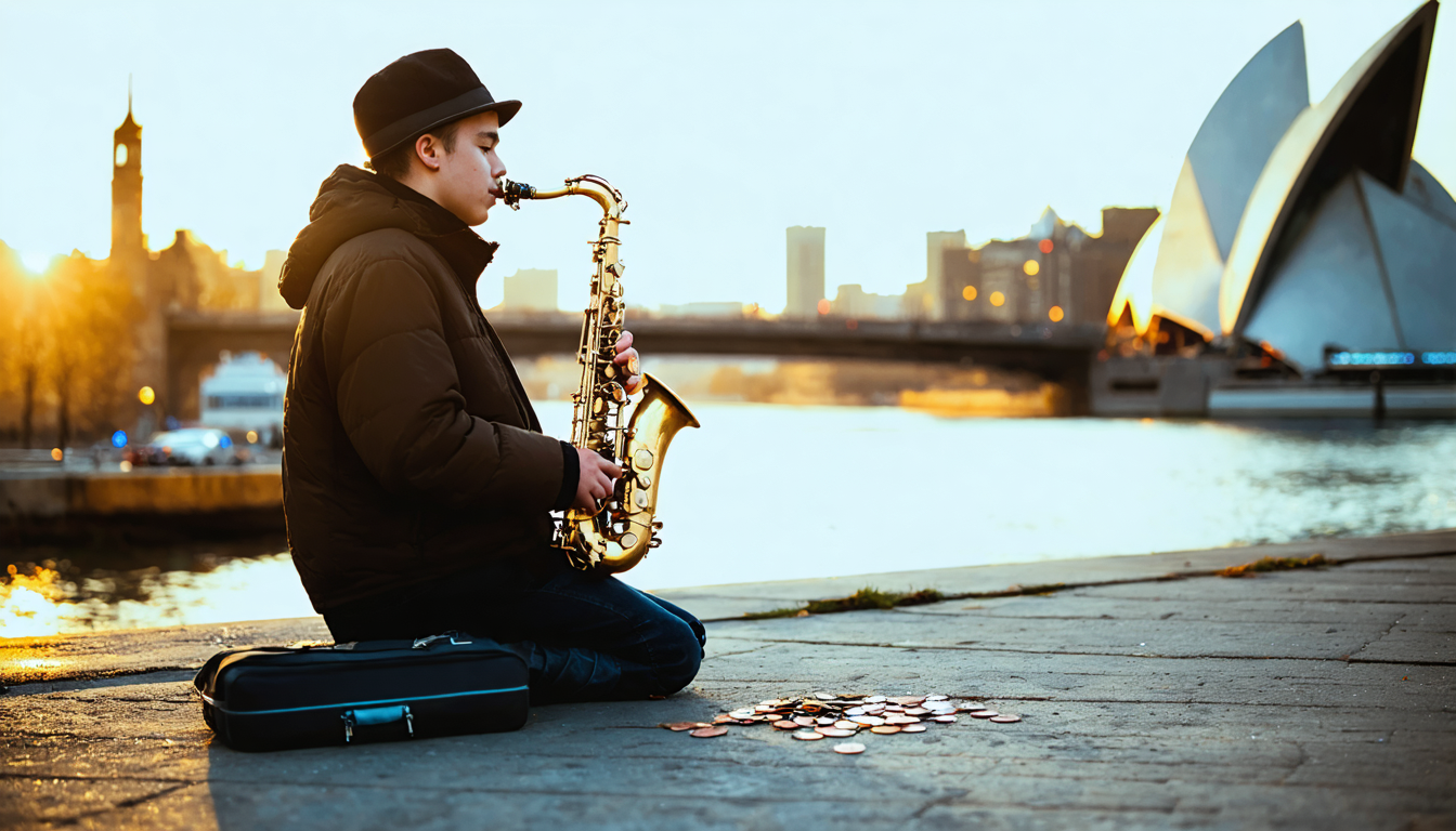 A lone street musician playing saxophone on a concrete embankment beside a river, with a nearly empty instrument case open at his feet, dusk light catching the brass.