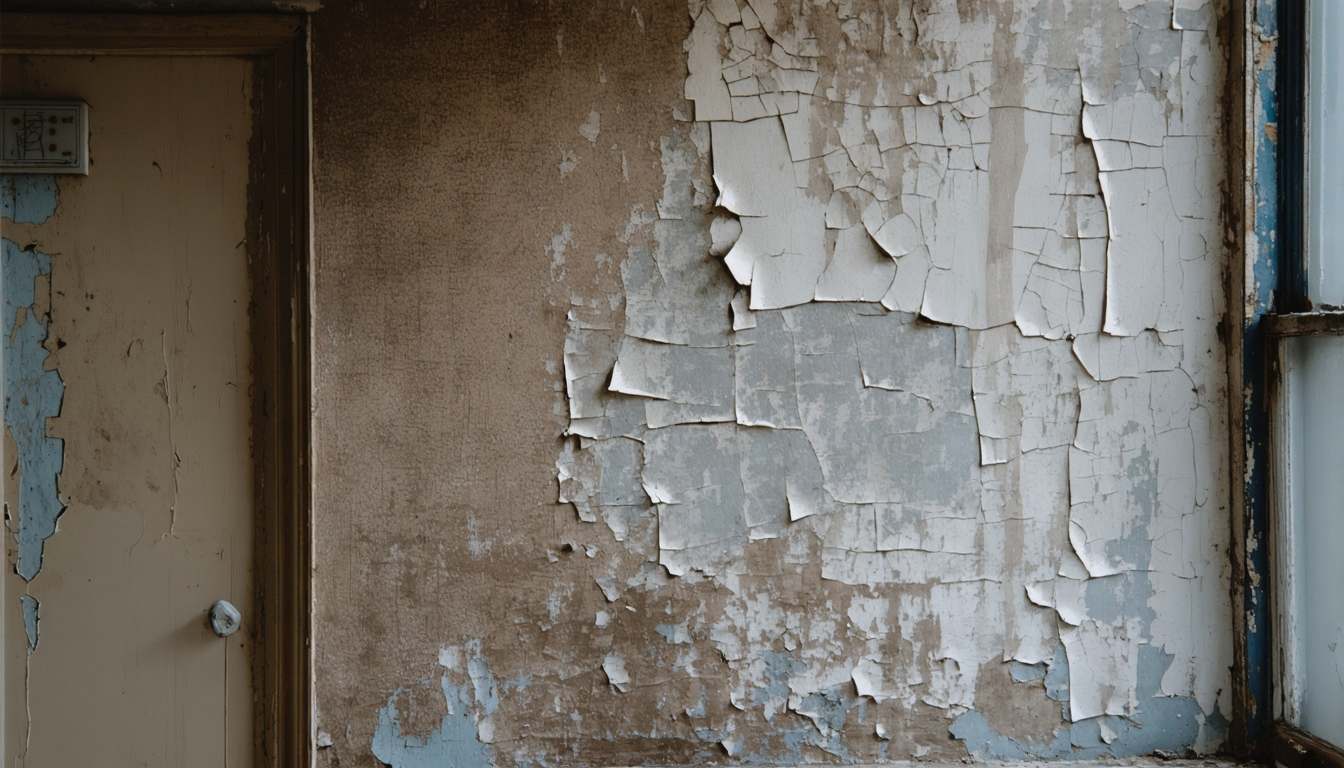 A worn apartment wall with old cracked paint layers exposed near a window in dim afternoon light, the room certified clean while the wall keeps its record.
