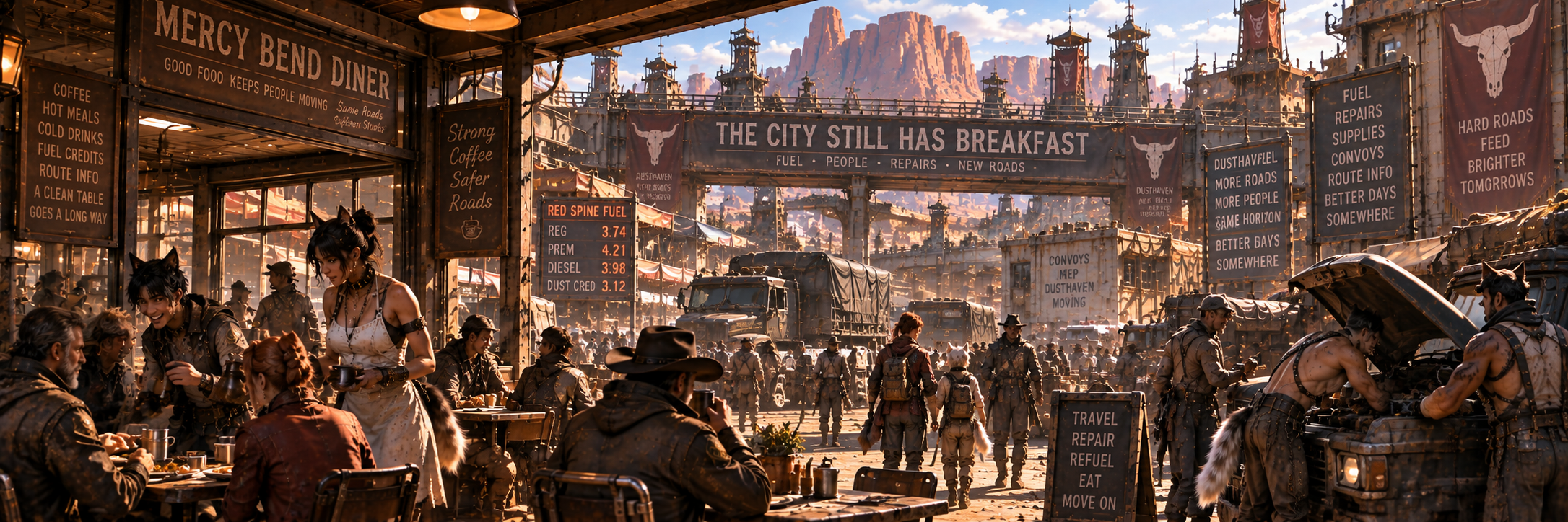 Morning in Dusthaven with diners, convoy traffic, repair work and chained demi-human workers