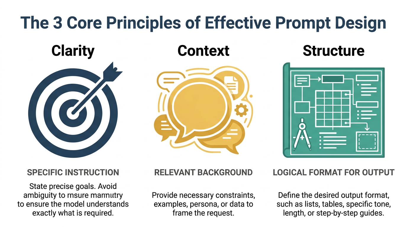 Three-column icon grid infographic showing the core principles of effective prompt design: Clarity, Context, and Structure — with icons and descriptors in brand navy #274059 and complementary accent colors