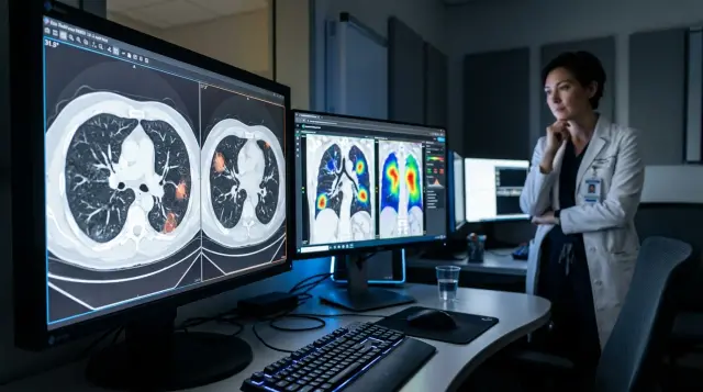 Physician reviewing AI-enhanced lung CT scans on glowing monitors in dimly lit radiology suite