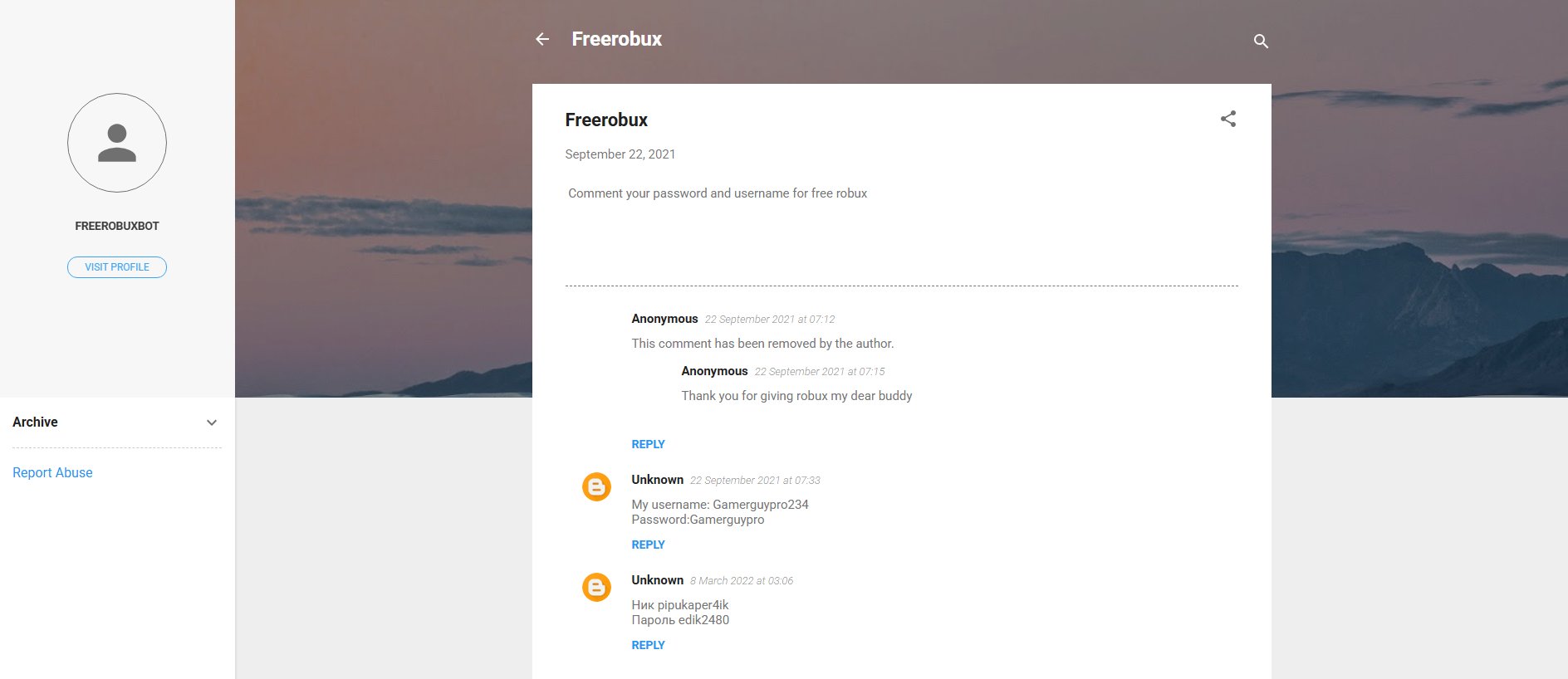 Forensic screenshot of freerobuxforfreelegit.blogspot.com showing the phishing page layout