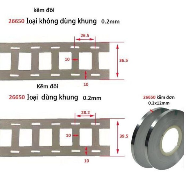 Thông số kích thước kẽm hàn pin 26650 26800 26900