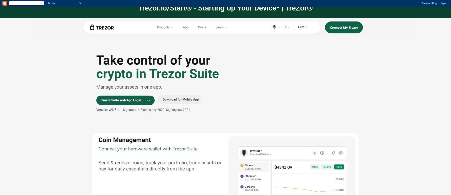 Forensic screenshot of en-trezorstart.blogspot.md showing the phishing page layout