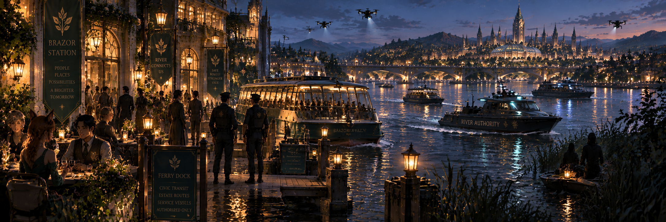 The Brazor River at blue hour with ferries, patrol craft, drones and a smaller vessel slipping toward a dark reed channel