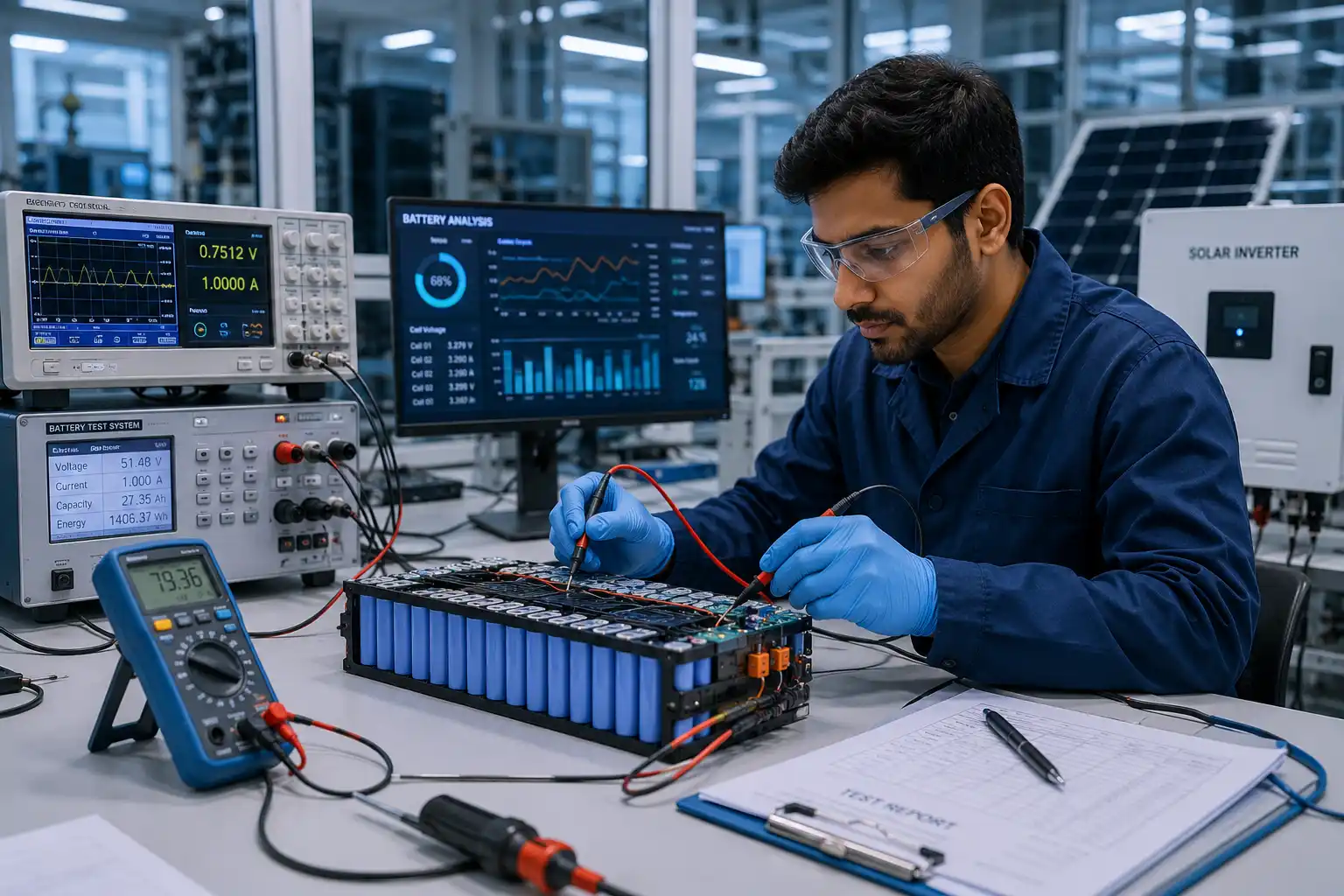 Technician testing battery and inverter equipment in an R&D lab