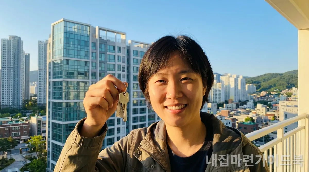 30대 한국인이 새로 구입한 아파트 앞에서 집 열쇠를 들고 기뻐하는 모습, 밝은 한국 도시 배경.