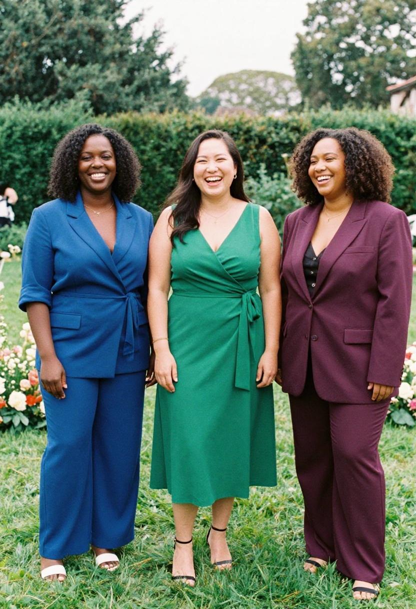 Three plus-size women in jewel-toned quiet luxury outfits celebrating together on a sunlit garden lawn