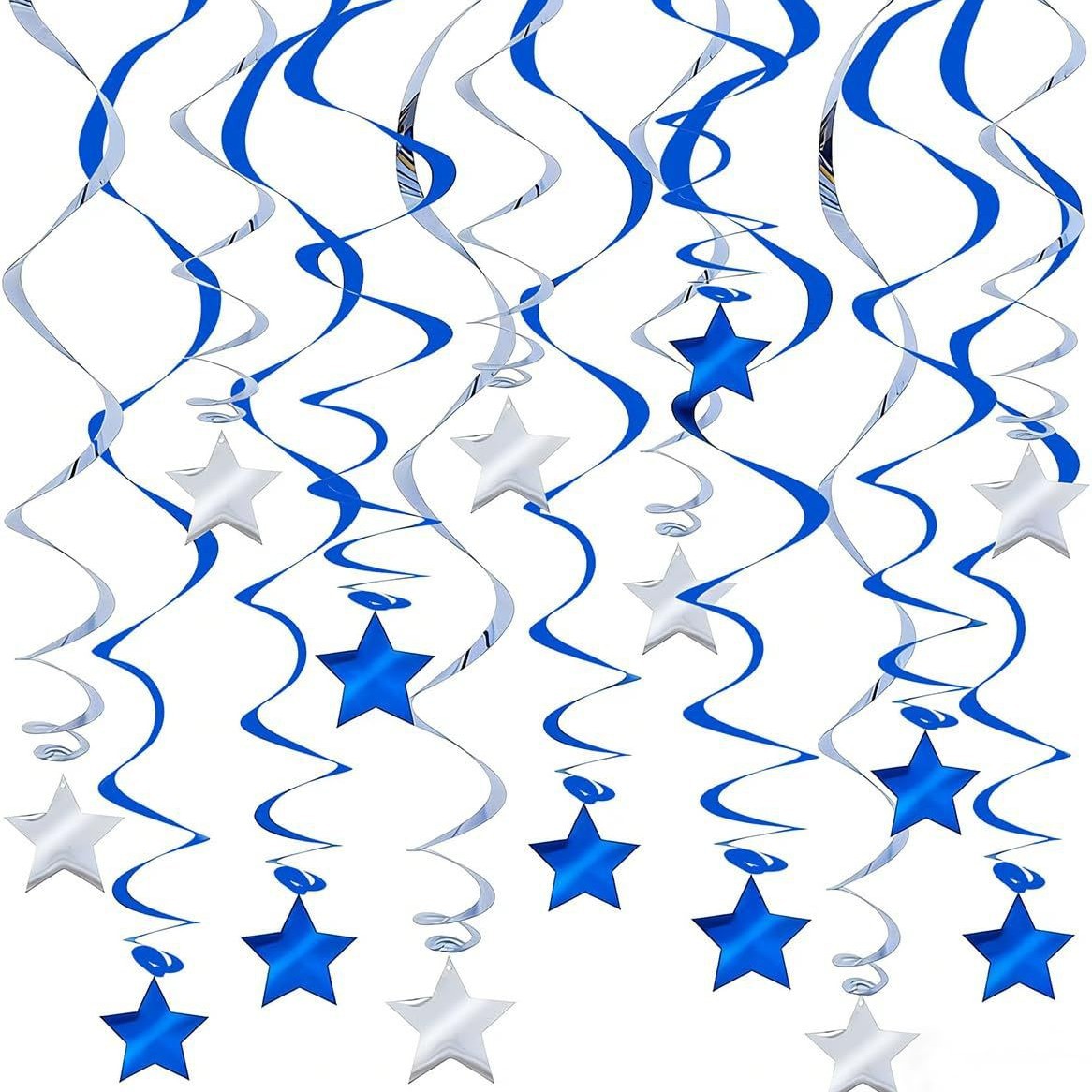 30-Piece Set for Silvery and Blue Star Spiral Hanging Decorations - Birthday, Wedding, Graduation, and Party Ceiling Decoration - Festive Swirl Streamers, Easy Hang Party Supplies