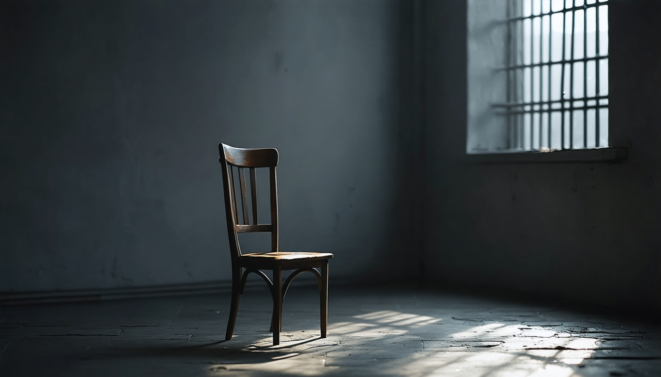 An empty wooden chair in a bare room, positioned just beyond the striped shadow cast by a barred window, in cold pale light.