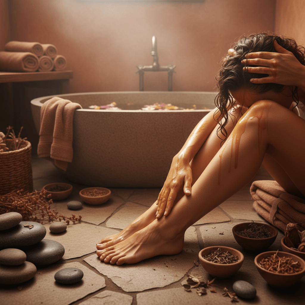 A serene self-care scene of hands applying herbal oil to scalp and feet in a warm spa-like bathroom