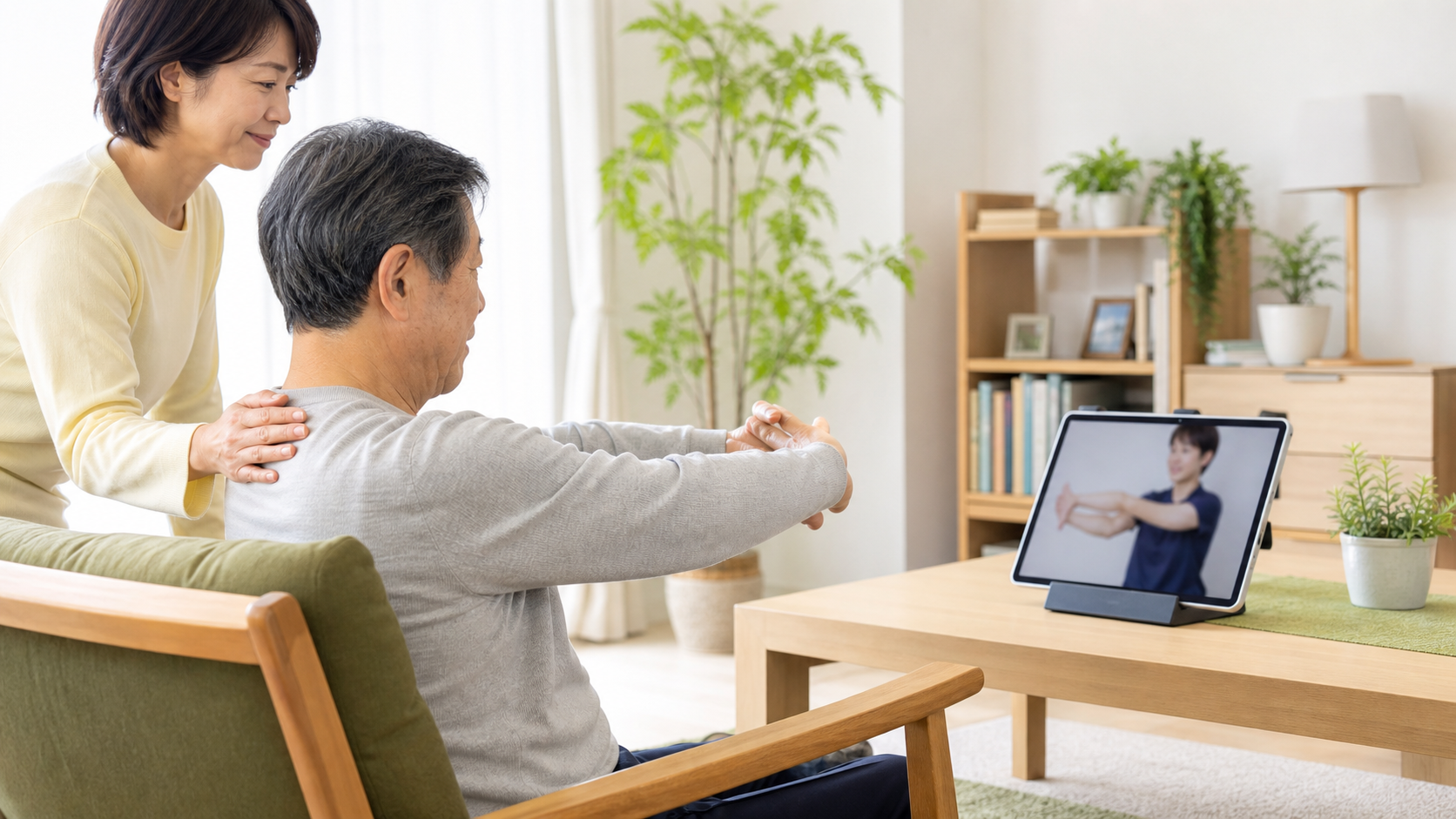 専門職が画面越しに自主トレを確認する様子