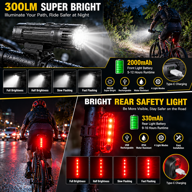 USB Rechargeable LED Front and Rear Bicycle Light Set