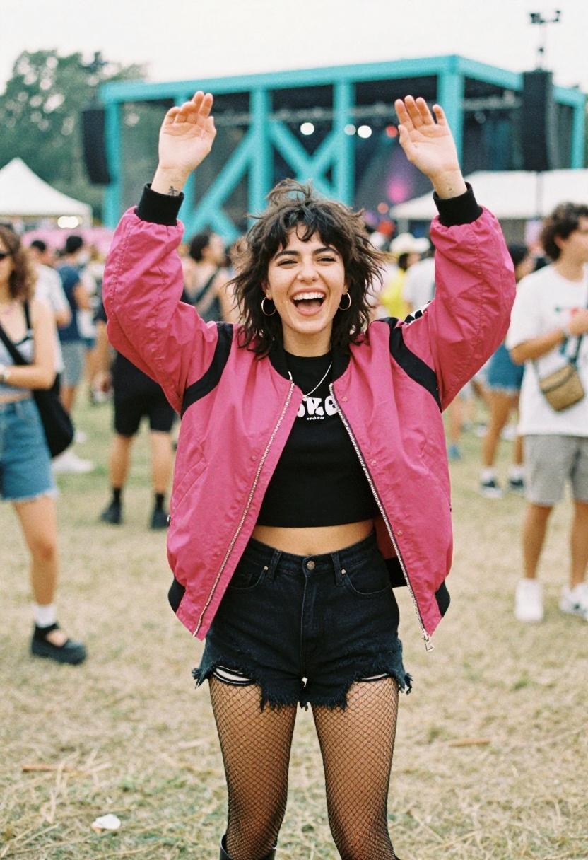 Magenta color-blocked bomber over graphic crop tee and fishnet tights for indie concert look