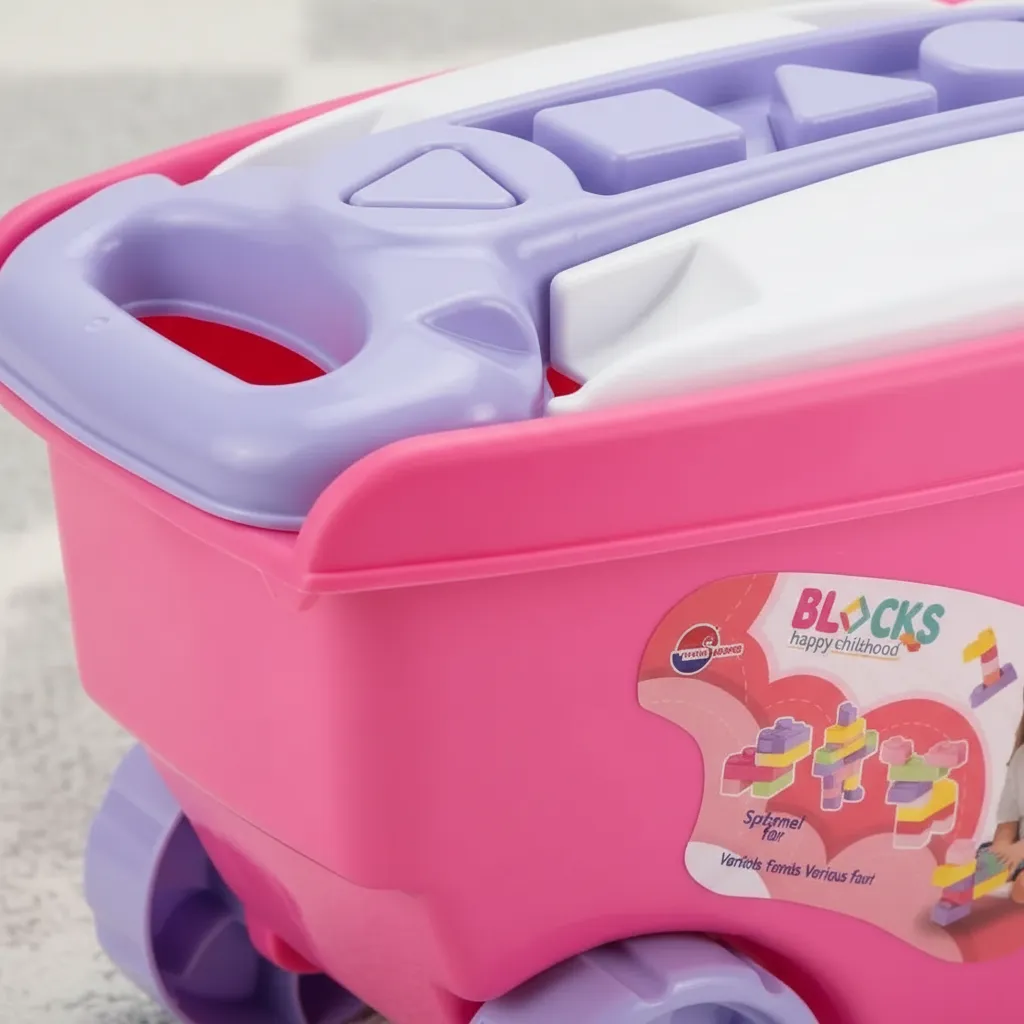Carrito rosa con bloques apilables para ni&ntilde;os