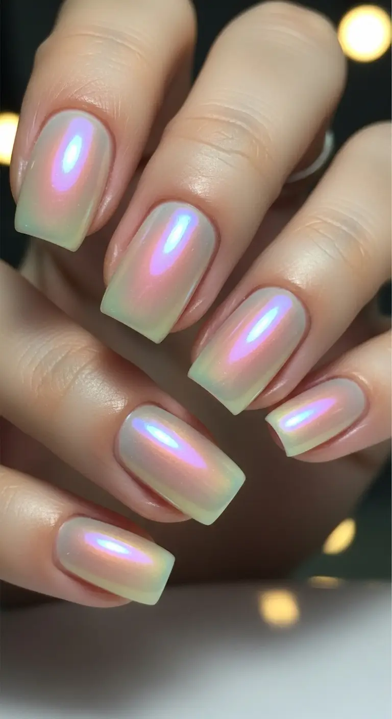 Pearl Seashell Glow Short Square Nails