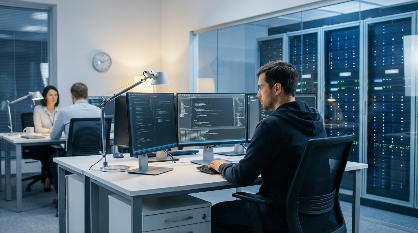 Quiet server room with warm lighting