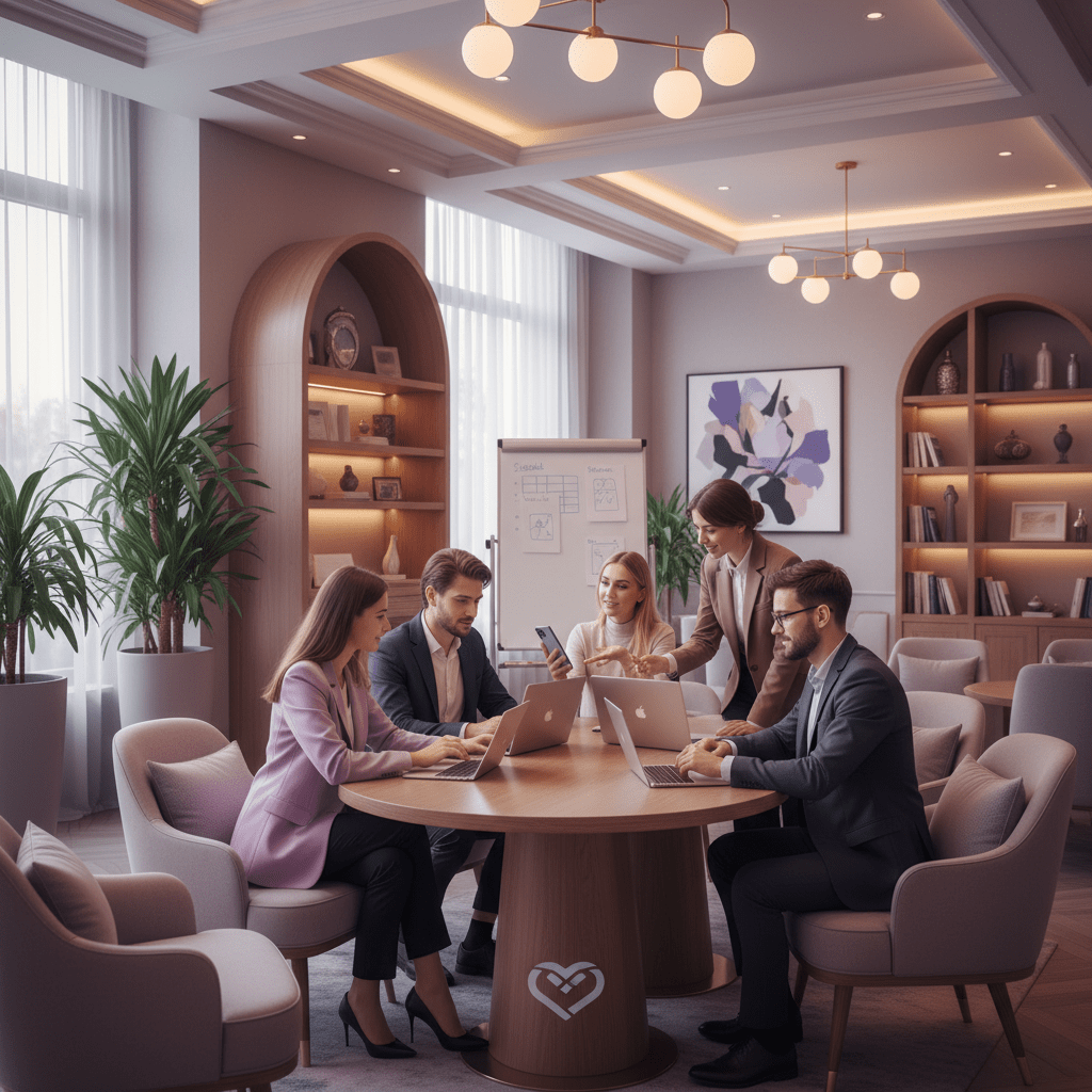 Hotel team planning community-focused social media content in a stylish lobby