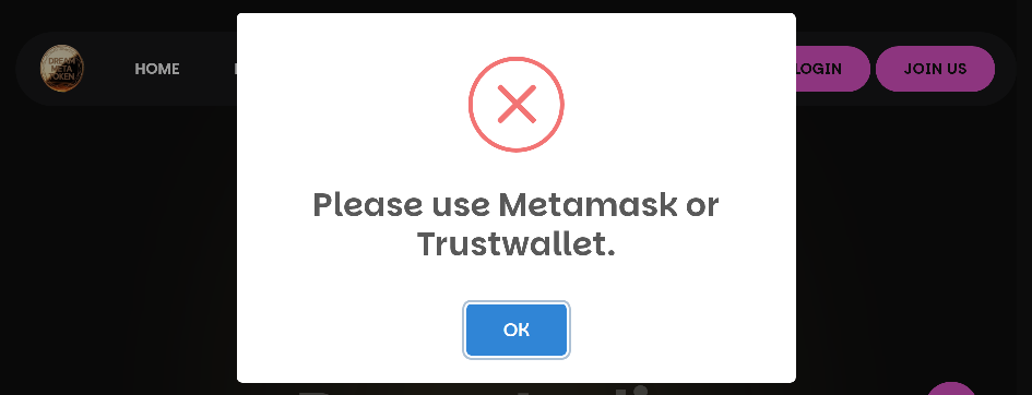 Forensic screenshot of dreammetatoken.live showing the phishing page layout