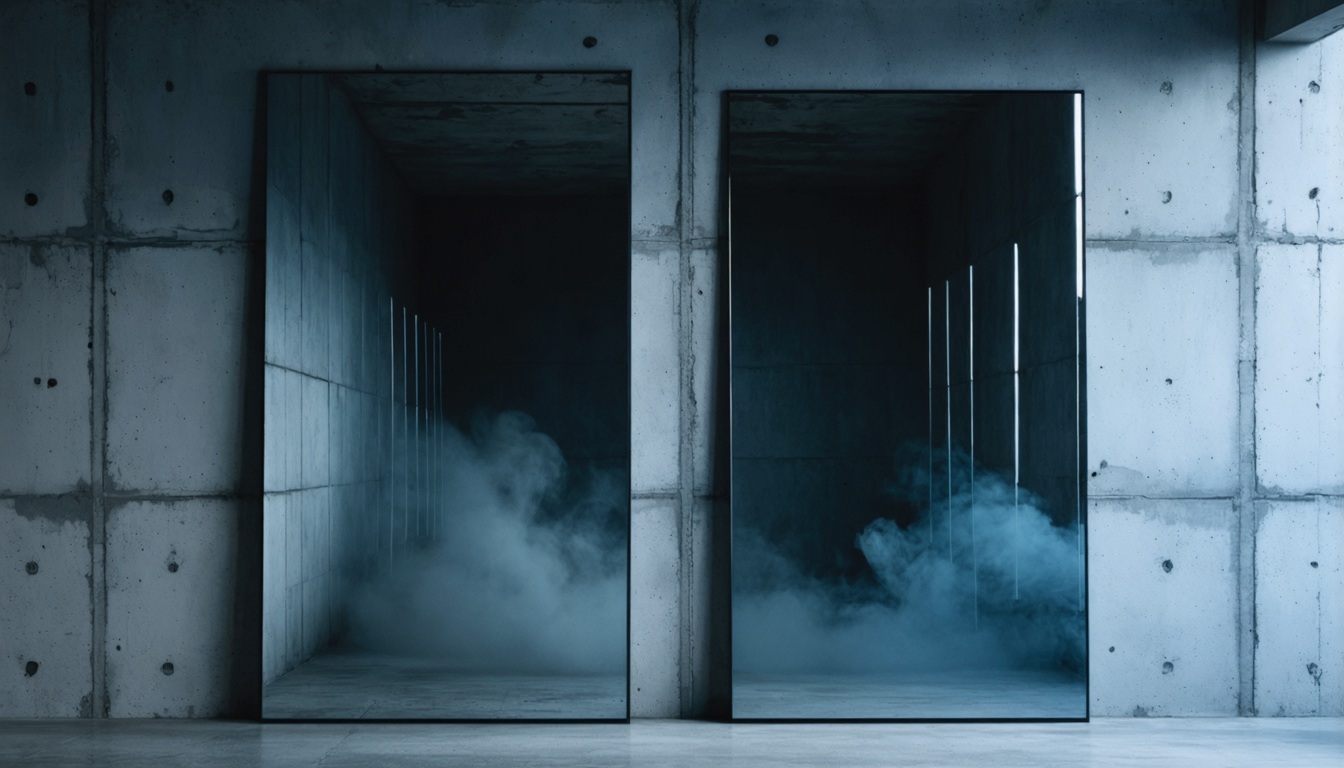 Two facing mirrors in a dim room reflecting each other infinitely, with slight fog between them softening each successive reflection.