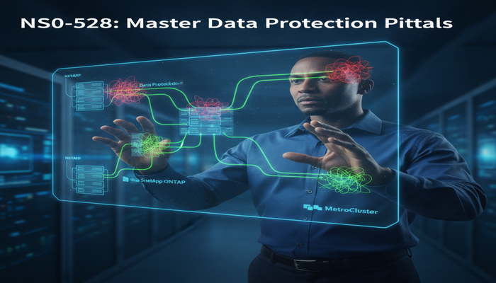 NS0-528: Master Data Protection Pitfalls A NetApp data protection engineer analyzing a holographic display of ONTAP data protection architectures, actively identifying and resolving red-highlighted pitfalls to establish clear, secure green data paths for the NS0-528 exam. Image includes text: NS0-528: Master Data Protection Pitfalls.