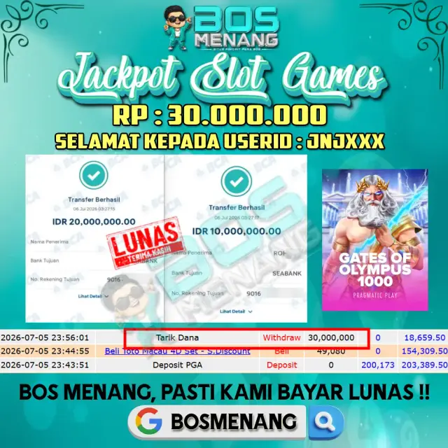 Tanggal 06 JULI 2026 - JACKPOT SLOT GAMES - GATES OF OLYMPUS 1000 (PRAGMATIC PLAY)  Rp 13.000.000,-