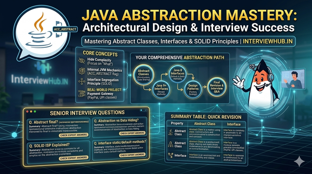 Advanced Java Abstraction Interview Guide by InterviewHub covering abstract classes, interfaces, SOLID principles, Java 8 default methods, JVM internals, and real-world payment gateway architecture examples in a modern educational infographic.