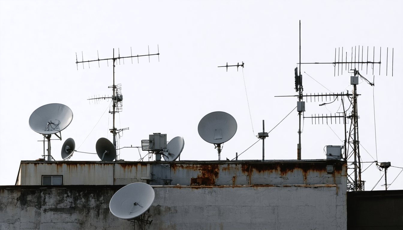A cluster of old rooftop television and radio antennas silhouetted against a pale overcast sky above a city.