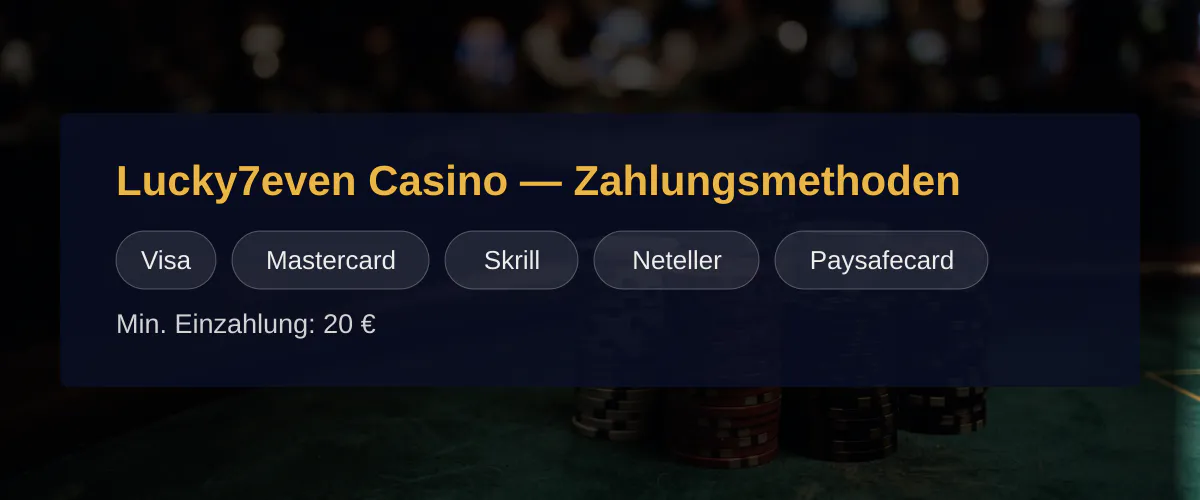 Lucky7even Casino — Zahlungsmethoden: Visa, Mastercard, Skrill, Neteller, Paysafecard