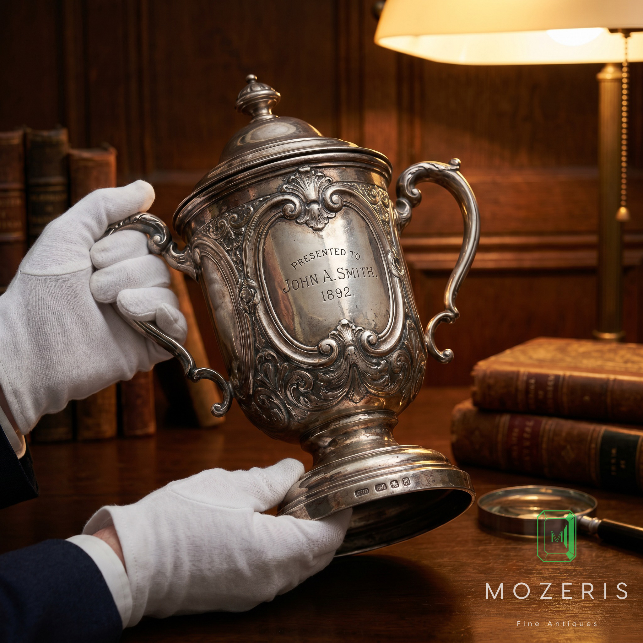 Antique Victorian silver two-handled presentation cup with engraved inscription