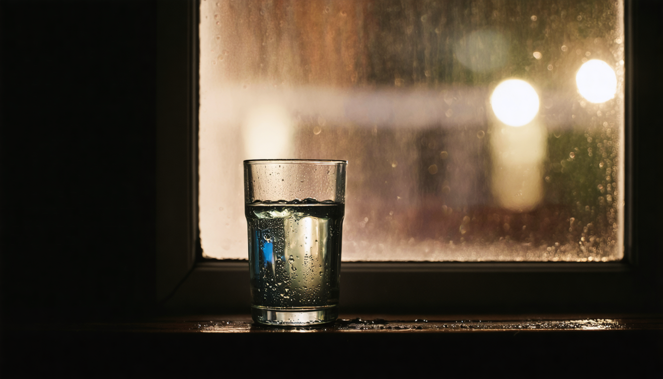 A single glass of water on a windowsill with condensation beading on its surface, a humid dark night visible through the window behind it.