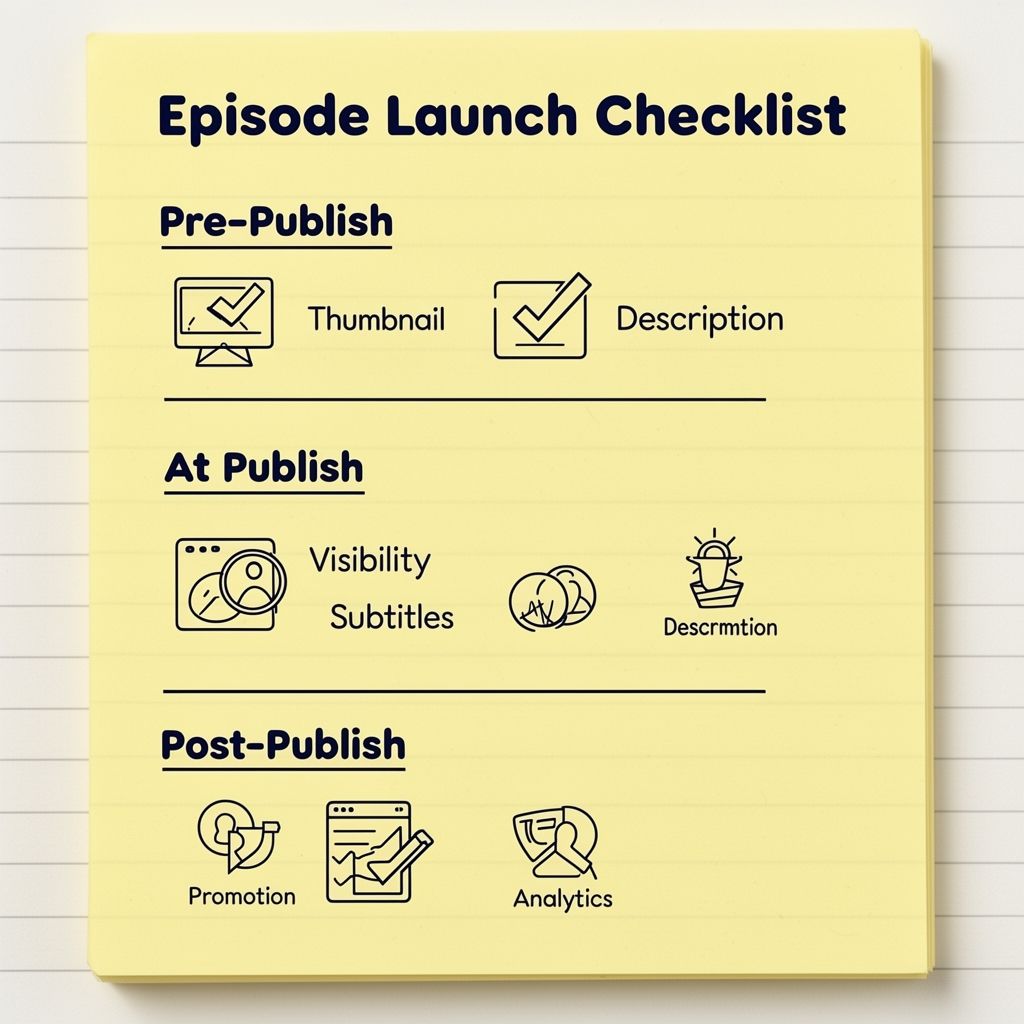 YouTube Podcast Episode Launch Checklist infographic with Pre-Publish, At Publish, and Post-Publish tasks
